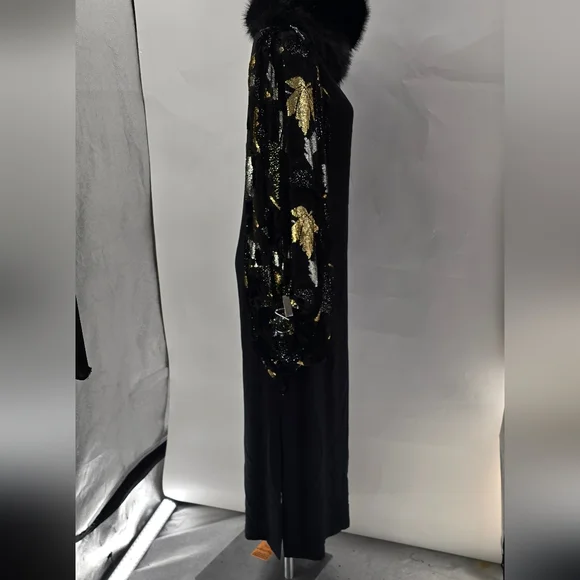 RICHILENE Elegant Black gown With Metallic Gold And Silver Leafs RARE GOWN